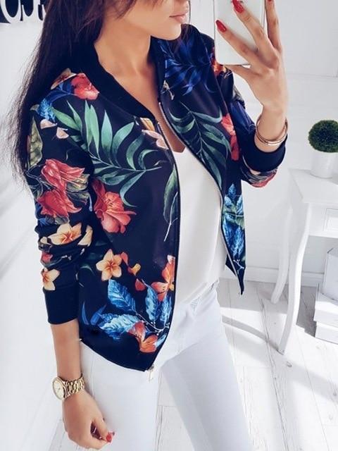 Retro Floral Zipper Up Bomber Jacket