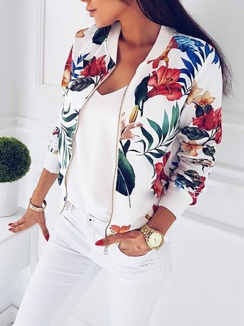 Retro Floral Zipper Up Bomber Jacket